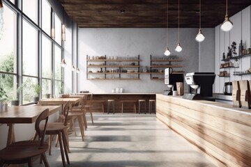 Modern Architecture Coffee Bar Cafe with Tall Modern Windows and Wood Accents Made with Generative AI