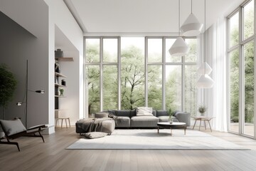 Summer Elegant Styled Family Room Interior with Tall Ceilings and Nature Forest Views Made with Generative AI