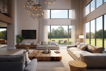 Elegant Modern Family Room Interior with Styled Wood Coffee Table and Meadow Wild Flower Views in SPring Made with Generative AI