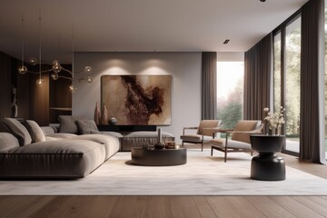 Large Luxury Designed Living Room Interior with Beautiful Wall Art with Museum Lighting Made with Generative AI
