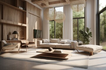 Luxury Decorative Living Room Interior with Sustainable Spring Wood Accent Walls Made with Generative AI