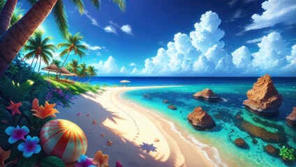 Tranquil beach scene. Exotic tropical beach landscape for background or wallpaper. Design of summer vacation holiday concept. Ai generated