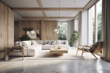 Naklejka na ściany i meble Luxury Southern Farmhouse Modern Living Room Interior with Exposed Rustic Reclaimed Wood Beams and Linen Furniture Made with Generative AI