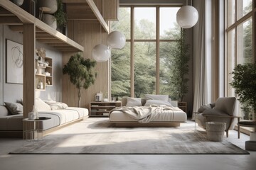 Fototapeta na wymiar Earthy Light Living Room with Comfortable Styled Furniture and High Ceiling Made with Generative AI