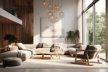 Warm Natural Spacious Living Room with Spring Designer Light Pendants Made with Generative AI