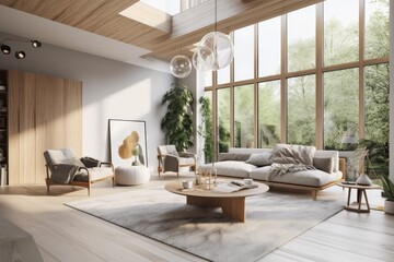 Fototapeta na wymiar Comfortable Luxury Spring Living Room Interior with High Ceilings and Skylight Made with Generative AI