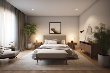 Professionally Styled Modern Bedroom Apartment Interior with Indoor Plants and Console Table Made with Generative AI