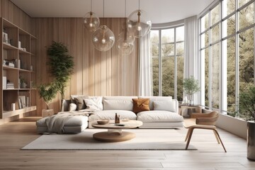 Slow Living Spring Living Room Interior with Natural Furniture and Professionally Styled Shelves Made with Generative AI