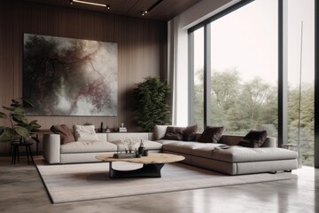 Obraz premium Cozy Natural Modern Family Room Interior with Tall Modern Windows and Wood Furniture Made with Generative AI