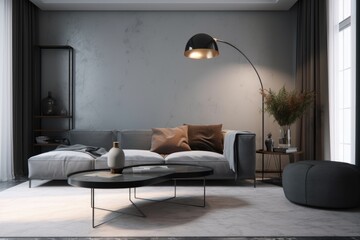Grey Modern Living Room Mockup Interior with Blank Walls and Floor Lamp Made with Generative AI