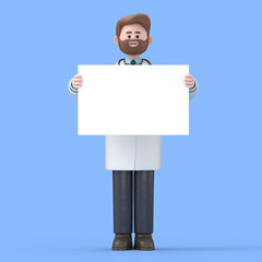 3D illustration of Male Doctor Iverson  holding white blank board. Portraits of cartoon characters stand with display banners in their hands, Advertising board
