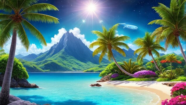 Tranquil beach scene. Exotic tropical beach landscape for background or wallpaper. Design of summer vacation holiday concept. generative ai