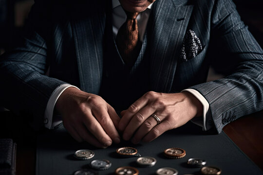 a man in a suit and tie putting coins on a black table with other men's hands behind him. Generative Ai