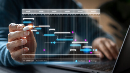 Human touching screen with calendar schedule time plan appointment, data management system, checking organizes day, week, month project list, business, calendar appointment plan concept