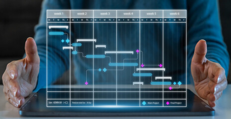 Human use tablet with calendar schedule time plan appointment, data management system, checking organizes day, week, month project list, business, calendar appointment plan concept
