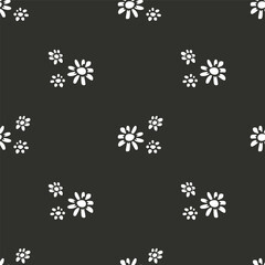 Ditsy monochrome seamless pattern with white flowers on black background. Retro floral repeat pattern.