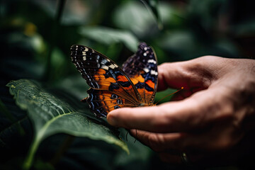 someone's hand holding a butterfly in the middle of their fingers, with green leaves and foliage in the background. Generative Ai