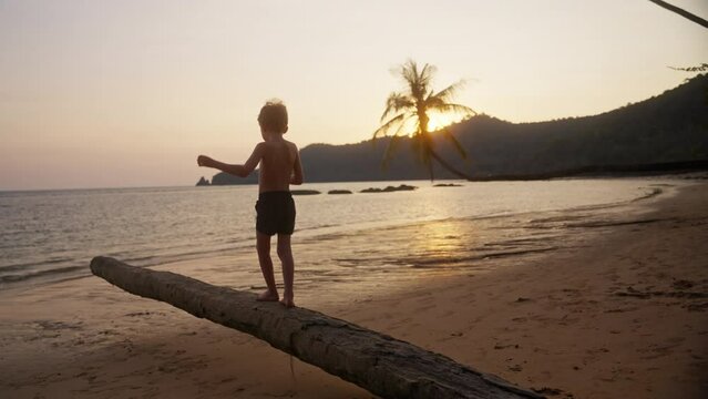 Boy Tightrope Walking On A Palm Tree Trunk