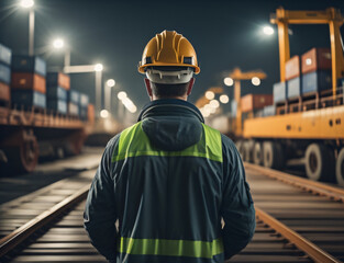 Fototapeta na wymiar A man with safety attire stands in front of cargo port. Generated by Ai.