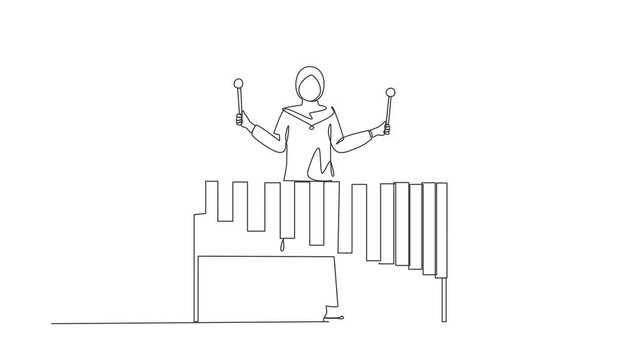 Self drawing animation of single one line draw woman Arabian percussion player play marimba. Female musician playing Mexican marimba instrument at festival. Continuous line draw. Full length animated