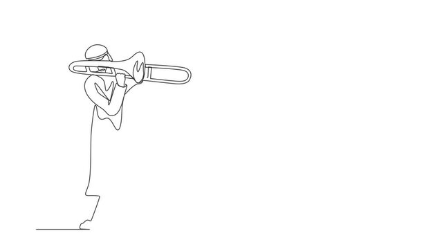 Animated self drawing of continuous line draw Arabian trombone player. Performer play instrument. Music artist boy. Jazz man. Musician play trumpet. Classic music. Full length single line animation