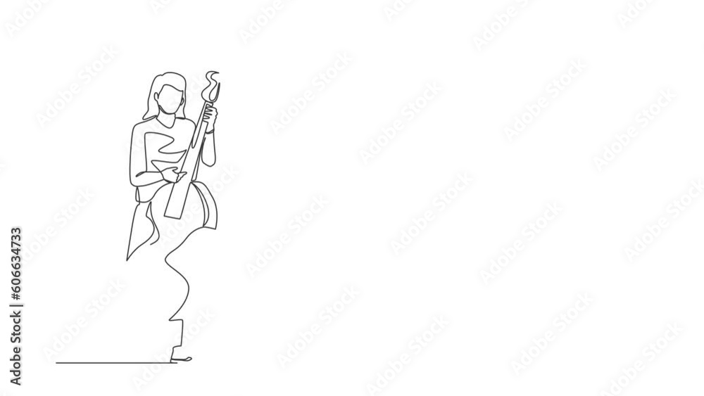 Poster animated self drawing of continuous line draw double bass player standing with big string. musician 