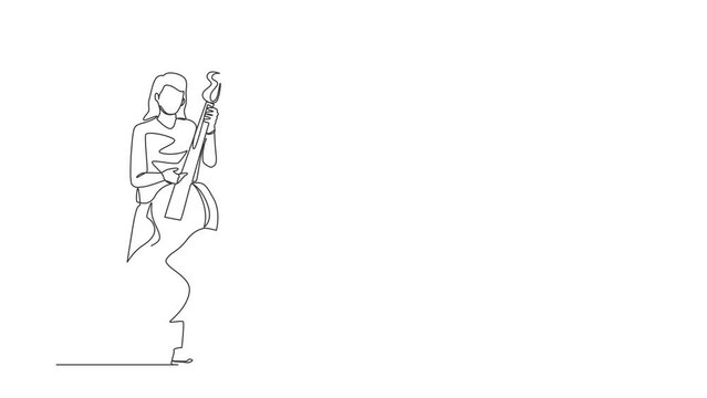Animated self drawing of continuous line draw double bass player standing with big string. Musician playing classical music with fingers. Professional contrabassist. Full length single line animation