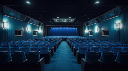 Naklejka premium Empty movie theatre interior with screen and seats. Generative AI
