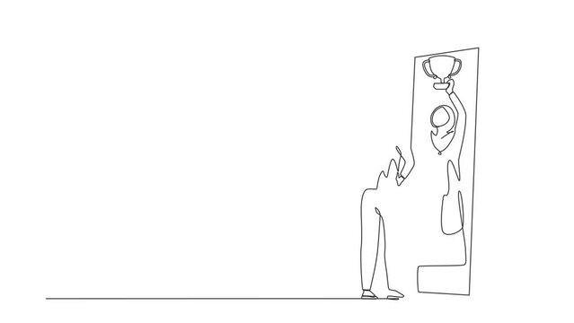 Self drawing animation of single line draw Arab girl standing in front of mirror looking at reflection, imagine herself successful with lift up cup. Narcissistic. Continuous line. Full length animated