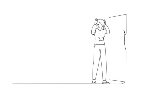Animated self drawing of continuous line draw Arabian businesswoman looking at mirror seeing in reflection of herself with crown on head. Overestimate, confidence. Full length single line animation