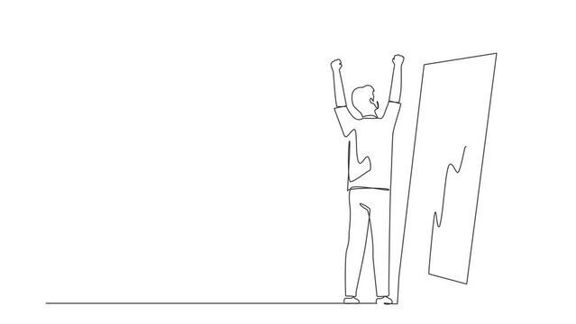 Animated self drawing of continuous line draw Arabian businessman standing in front of mirror looking reflection, imagine himself graduation student. Successful future. Full length one line animation