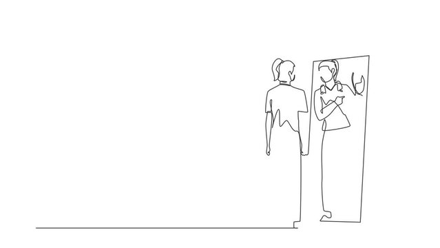 Self drawing animation of single line draw businesswoman looking at mirror, seeing in reflection of herself with holding medal, person overestimate herself. Continuous line draw. Full length animated