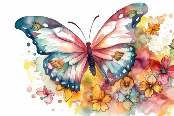 colorful butterfly resting on a bed of vibrant flowers painted in watercolor Generative AI