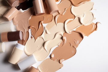 Beauty, fashion, make-up, style concept. Close-up shot of make-up foundation smears of different skin tones on white background. Professional make-up palette macro shot background. Generative AI
