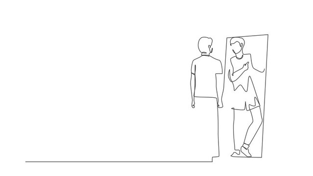 Animated self drawing of continuous line draw businessman looking at mirror, seeing in reflection of himself with holding medal, overestimate himself, self confidence. Full length one line animation