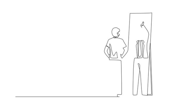 Animated self drawing of continuous line draw businessman looking himself happy, successful in mirror reflection with lifting up cup. Success in business and winner. Full length single line animation