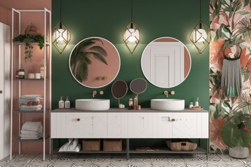 modern bathroom with green walls and dual round mirrors Generative AI