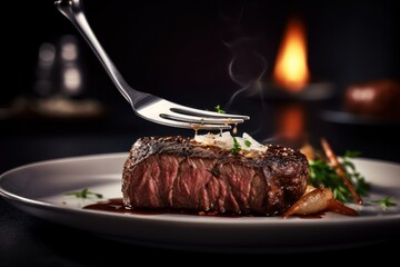 wagyu beef steak Roast flying through the air Cinematic Editorial Food Photography - obrazy, fototapety, plakaty