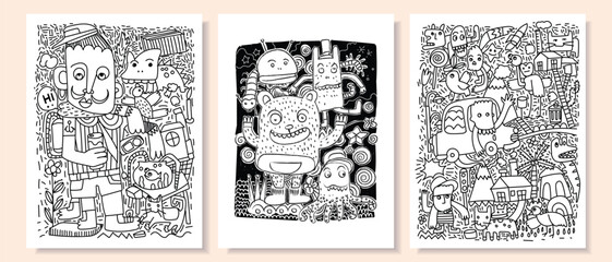 Fototapeta premium People face cartoon character doodles hand drawn vector illustration. Minimalist color doodles.