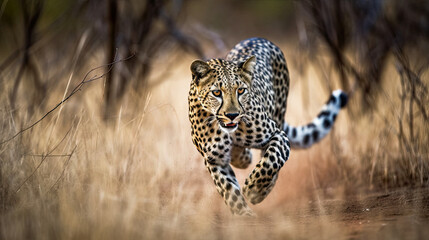 a leopard running through tall grass in the wild animal habitat, taken from behind it is blurred and blurry. Generative Ai