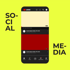 Social media screen template mobile video player. Mockup phone video player, app, ui. Blogging. Channel. Social media concept. Vector illustration. Youtube. Youtube Go. YT. Iphone. UI. UX. User