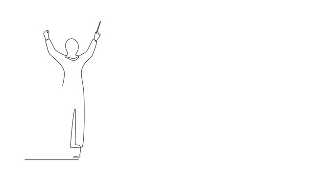 Animated self drawing of continuous line draw back view Arab woman conductor performing, female musician in tuxedo directing classic instrumental symphony orchestra. Full length one line animation