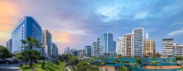 Peru, luxury condominiums located near Miraflores Lima Malecon promenade on the ocean shore. © eskystudio