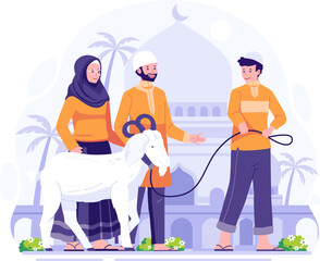 Happy Eid Adha Mubarak. Muslim People bring a goat for Qurban or Sacrifice on Eid Al Adha. Vector Illustration