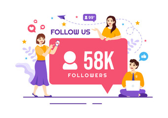 Follow Us and Like Vector Illustration for Internet Advertisement of a Social Media Users Following an Interesting Page in Hand Drawn Templates