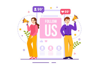 Follow Us and Like Vector Illustration for Internet Advertisement of a Social Media Users Following an Interesting Page in Hand Drawn Templates