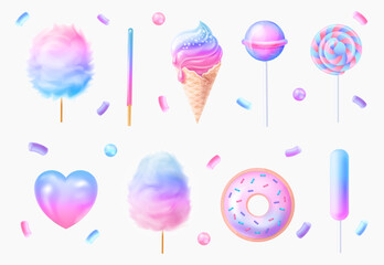 Two tone cotton candy, donut, candy realistic. Set of sweets. Two-tone cotton candy 3D. Lollypop, donut, marshmallows, bubble gum. Heart shaped candy.