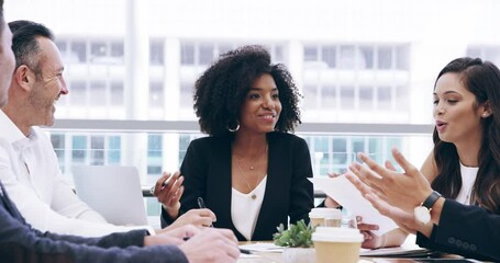 Business, happy woman and manager in boardroom discussion, meeting and conversation of planning. Female leader, team and office employees smile for collaboration, seminar and feedback of good news - Powered by Adobe
