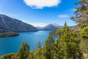 Fototapeta na wymiar Argentina, Patagonia, Scenic panorama of Isla Pique Huapi in Nahuel Huapi national park.