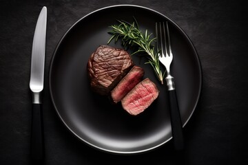 wagyu beef steak Roast in plate with knife and fork Cinematic Editorial Food Photography - obrazy, fototapety, plakaty